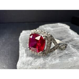 Sterling Silver Lab Ruby Halo Ring Size 7 DHJ 925
